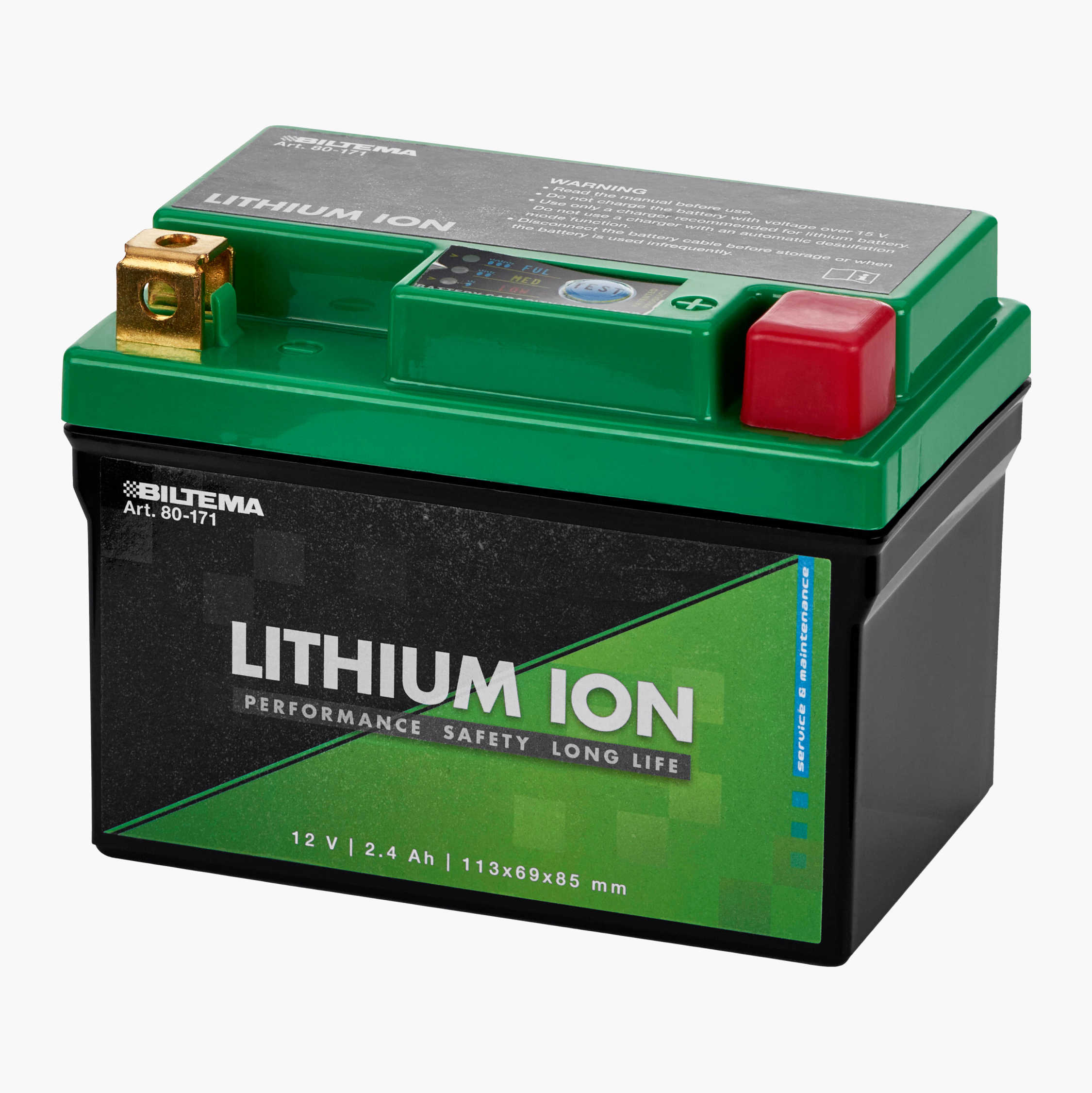 Sidelæns Og så videre Odysseus Litiumbatteri Litium LiFePO4, 12 V, 2,4 Ah, 113 x 69 x 85 mm - Biltema.dk