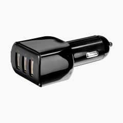 Car charger with 3 USB ports, 12/24 V