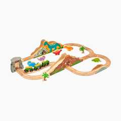 Wooden train set with dinosaur theme