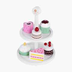 Cake stand with wooden cakes