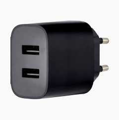 USB charger with 2 ports, Type A, 2.4 A