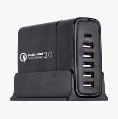 USB charging station with 6 ports, Types A & C, PD and QC 3.0, 59 W